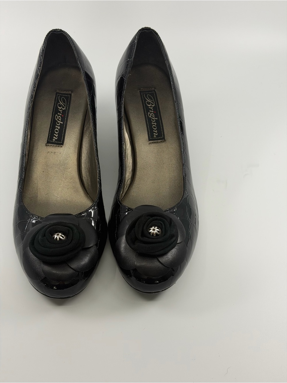 Brighton Black Patent Floral Rosette Flats